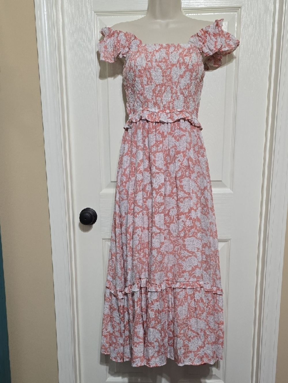 Smocked Ruffle Strap Maxi Dress in Coral - Picture 3 of 14